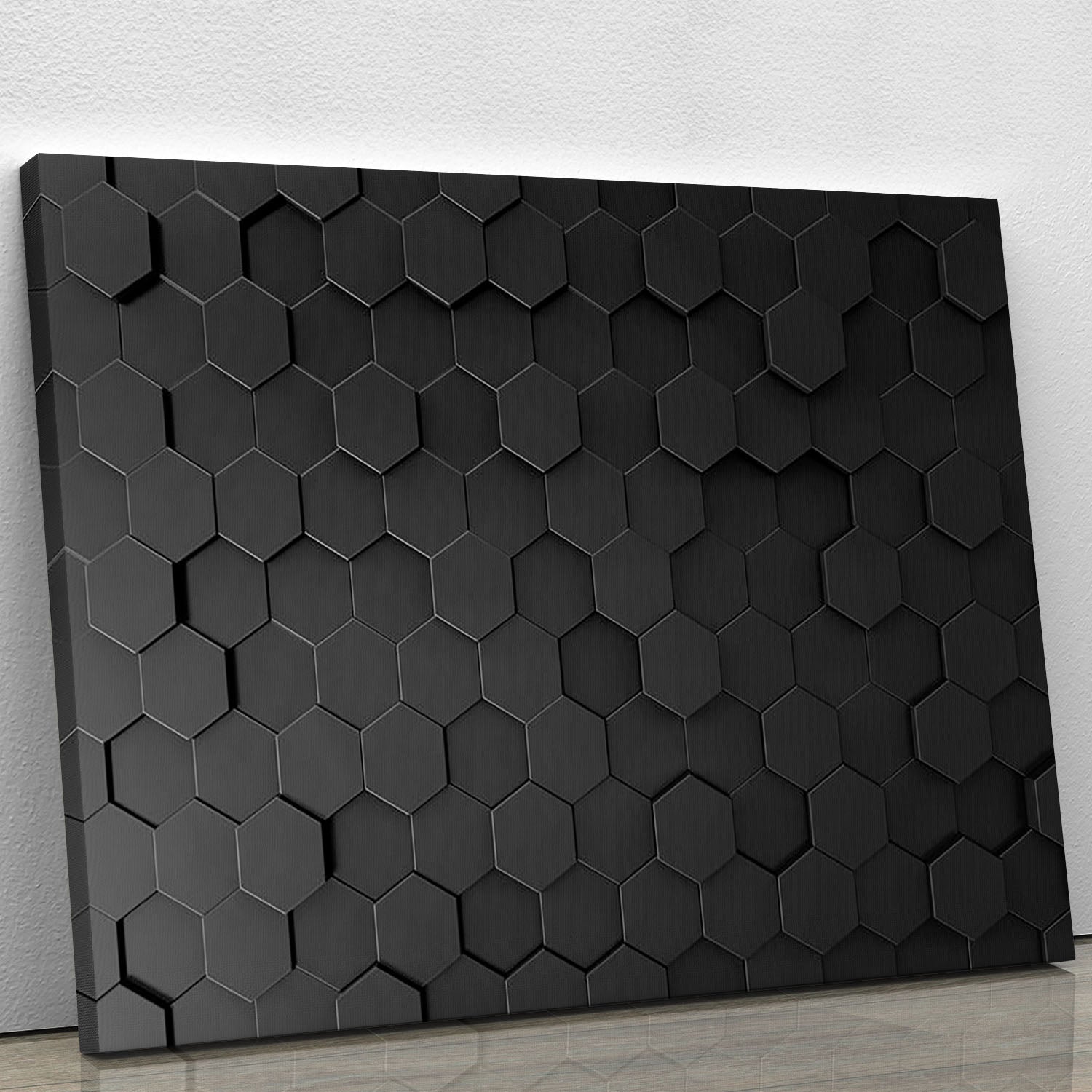 Black hexagon pattern canvas print showcasing a modern geometric design, perfect for home or office decor.