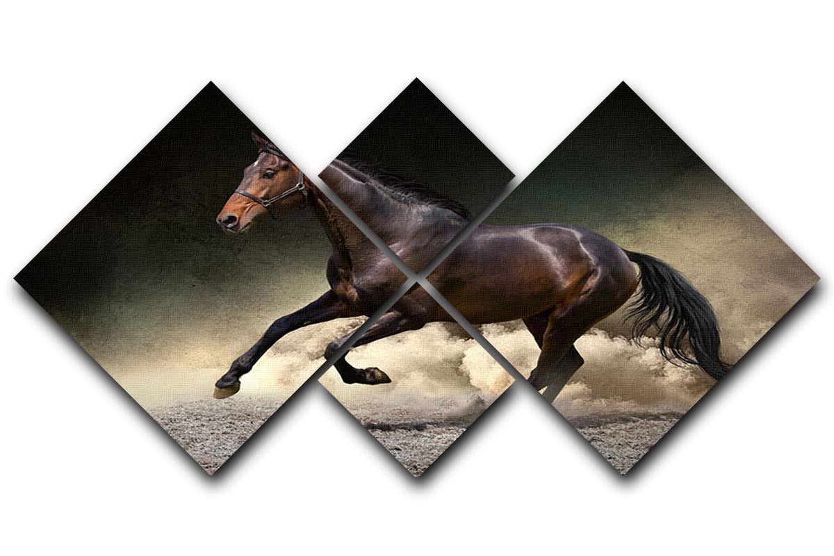 A stunning multi-panel canvas artwork featuring a black horse galloping through a dusty desert landscape, divided into four equal sections.