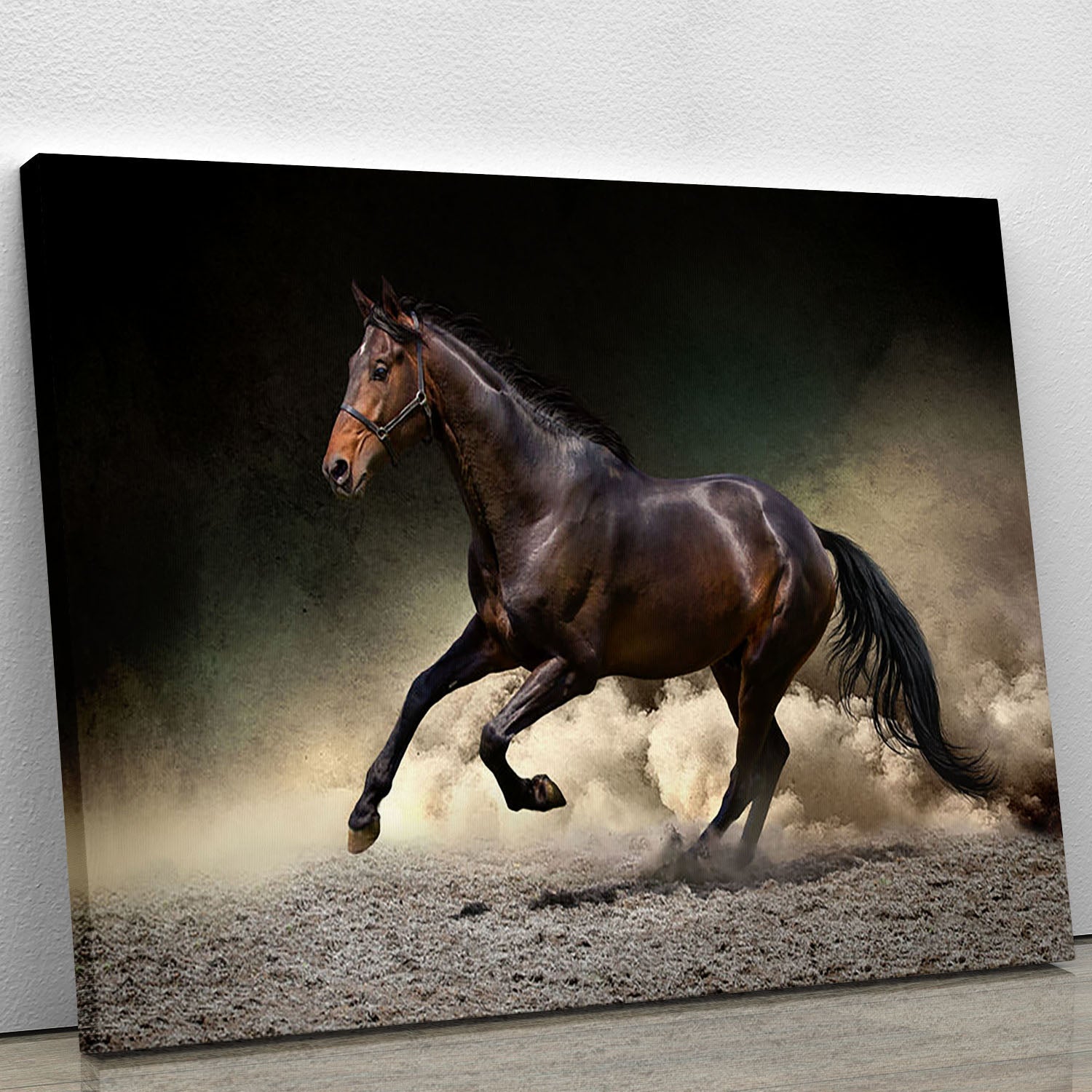 A stunning canvas print of a black horse galloping through a dusty desert landscape, showcasing the beauty and power of nature.