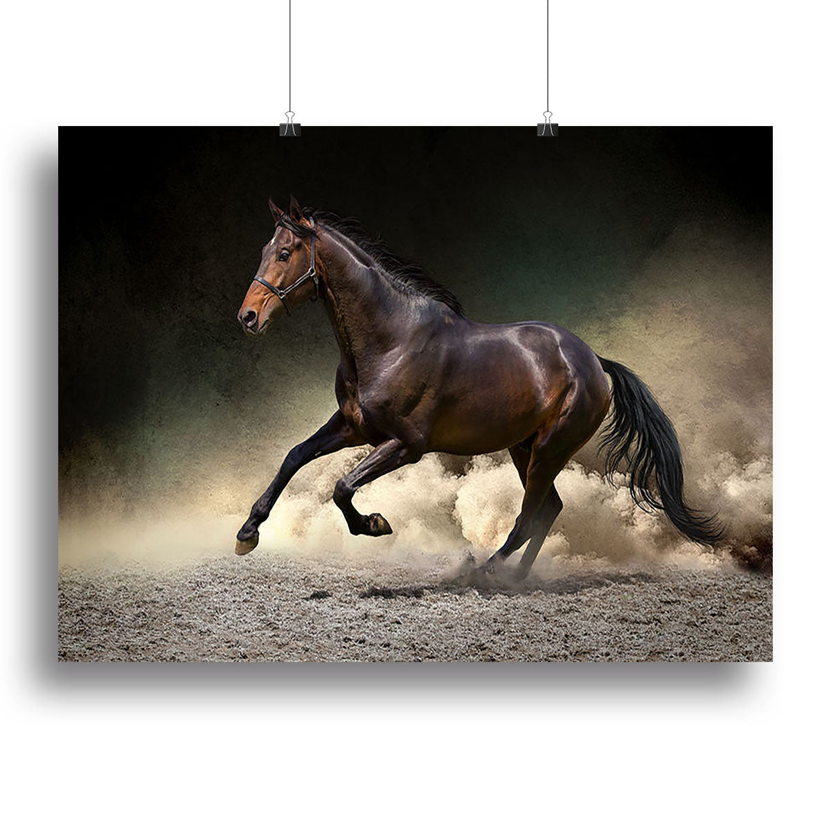 A stunning canvas print of a black horse galloping through a dusty desert landscape, showcasing the beauty and power of nature.