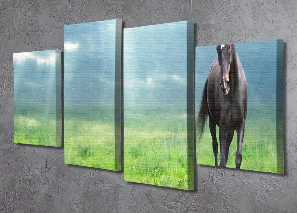 A stunning 4-panel canvas artwork featuring a black horse running, creating a dynamic and elegant display.