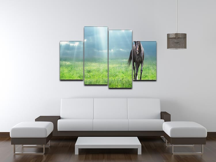 A stunning 4-panel canvas artwork featuring a black horse running, creating a dynamic and elegant display.