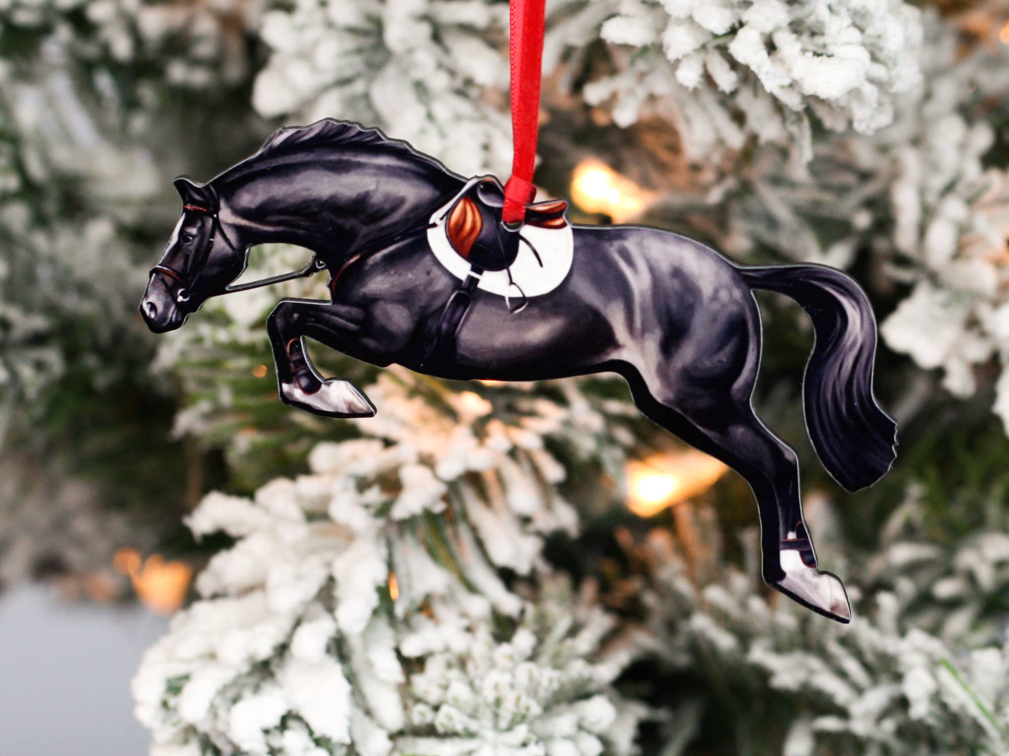 Elegant Black Hunter Jumper Horse Ornament with black and red ribbons, handmade from composite wood, perfect for equestrian decor.