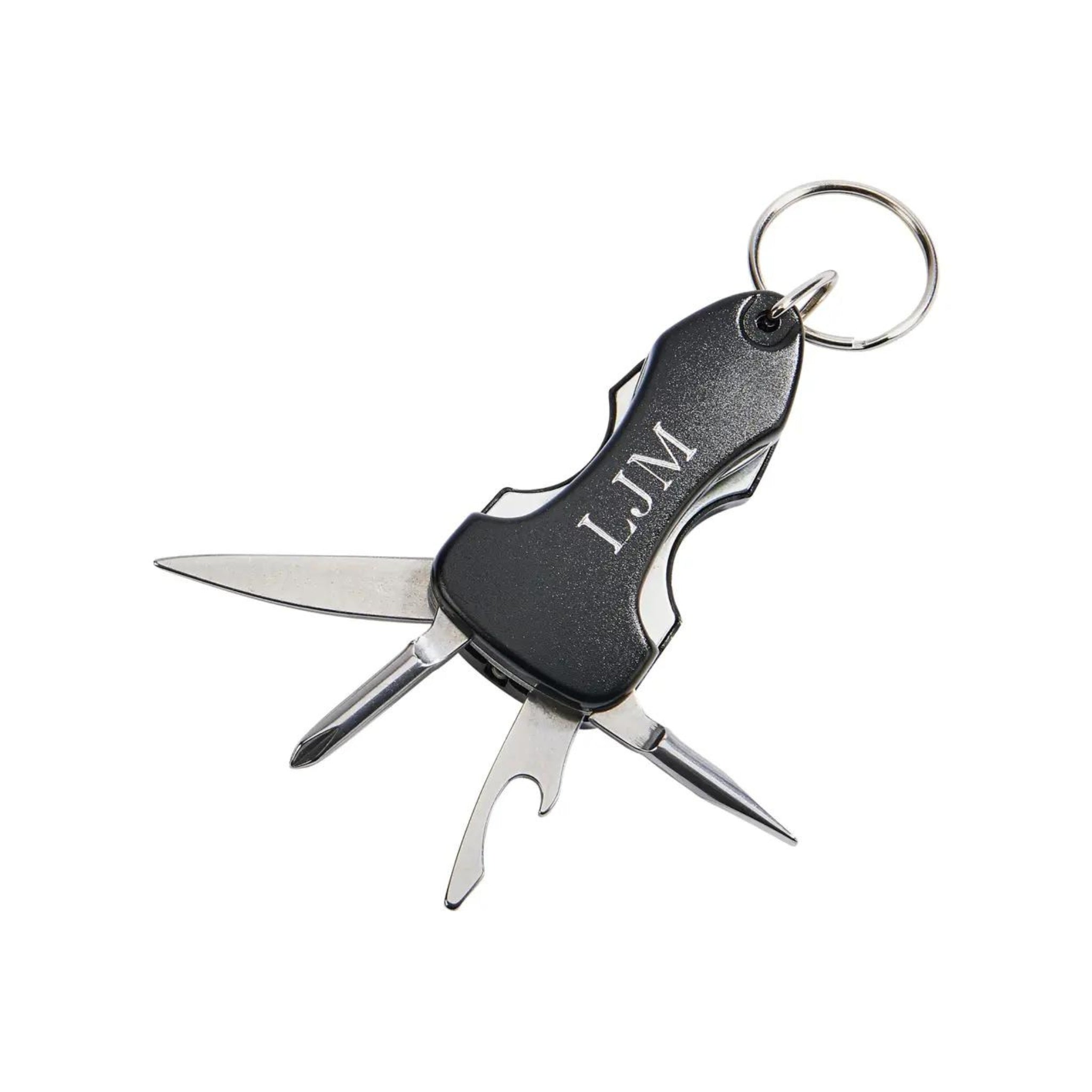 Compact black key chain multi-tool featuring knife, screwdrivers, bottle opener, and LED light.