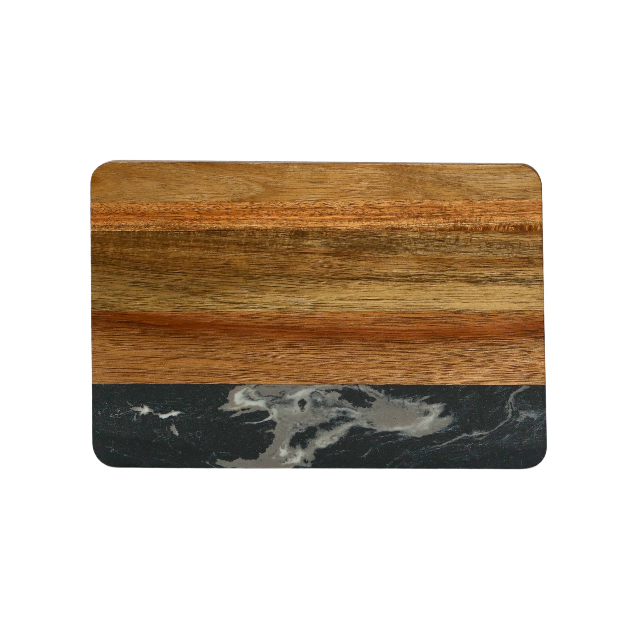 Black Marble and Acacia Wood Rectangle Board, showcasing a modern design with rich wood and elegant marble accents.
