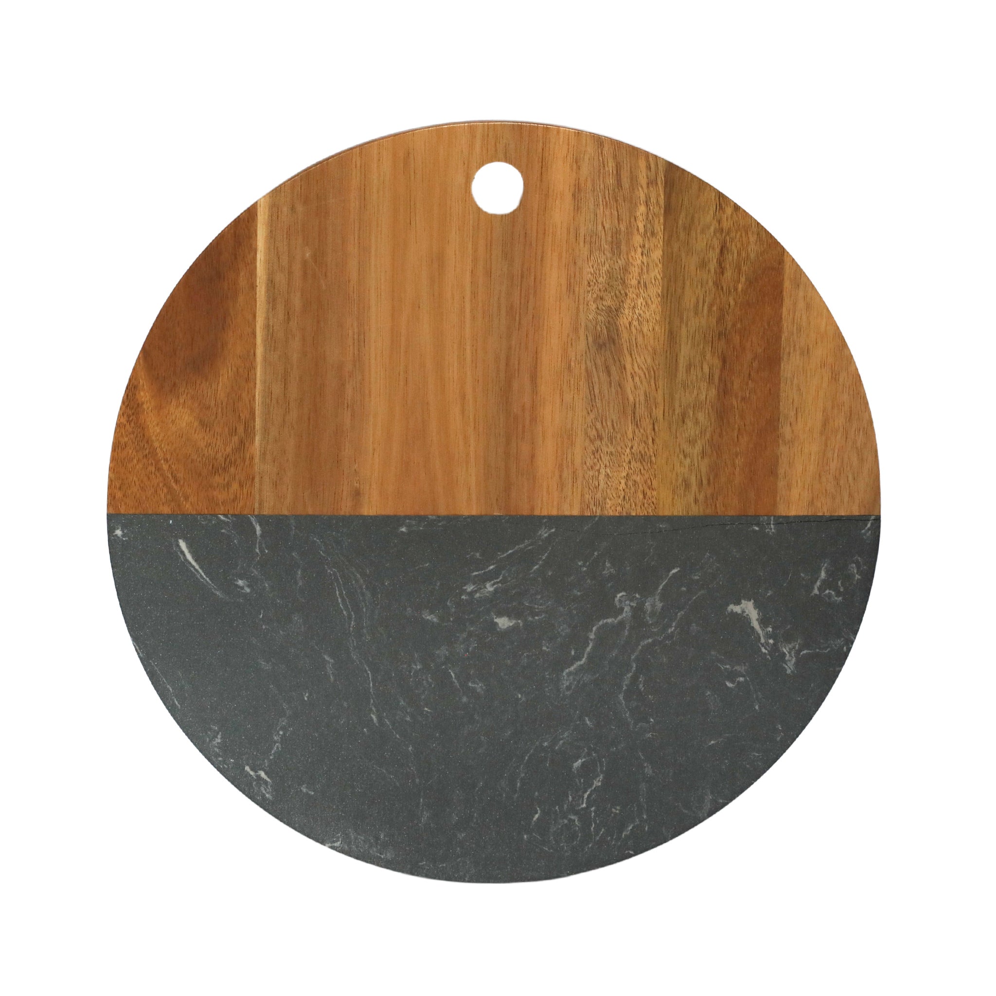 A 12-inch round board made of black marble and acacia wood, showcasing its elegant design and durable construction, perfect for serving and cutting.