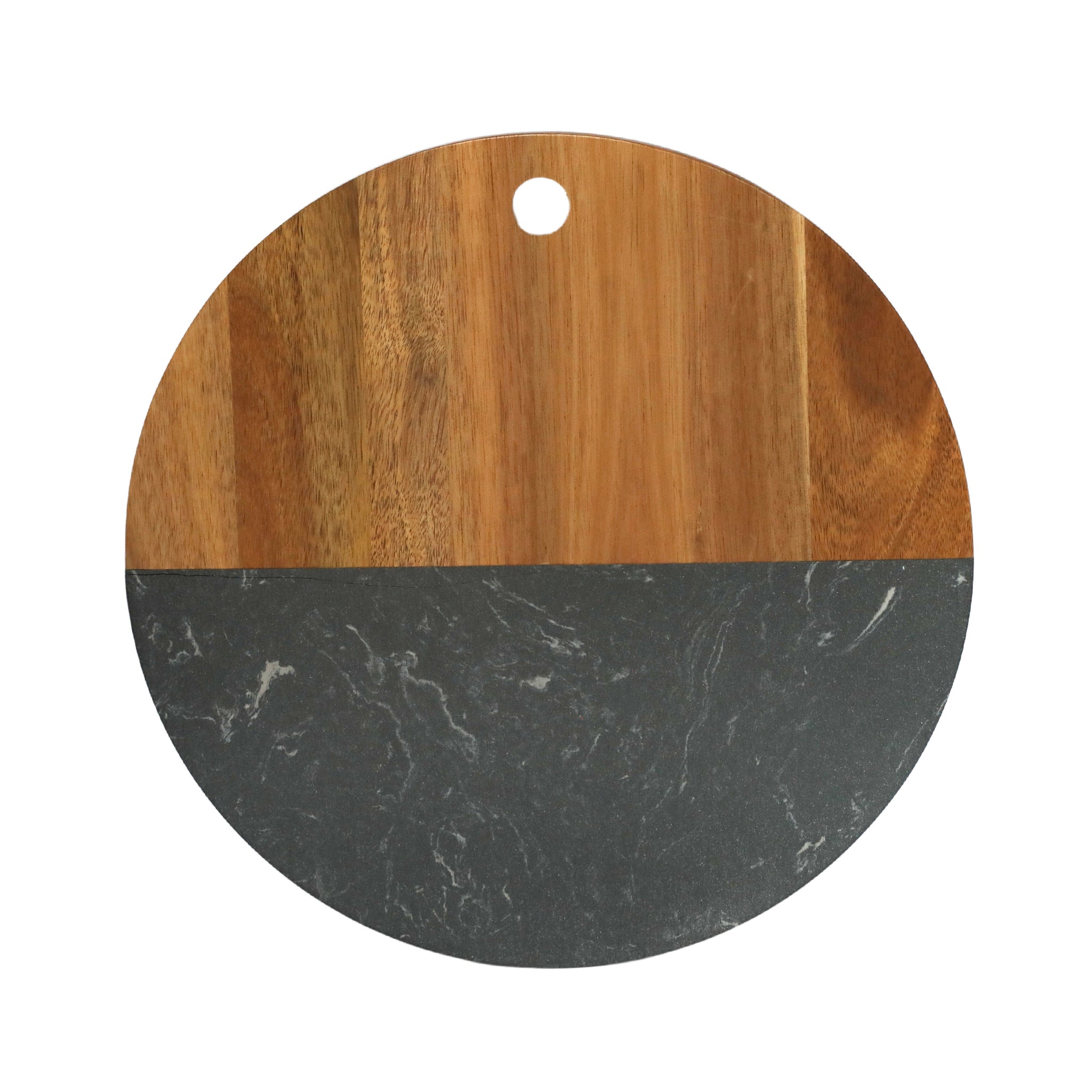 A 12-inch round board made of black marble and acacia wood, showcasing its elegant design and durable construction, perfect for serving and cutting.