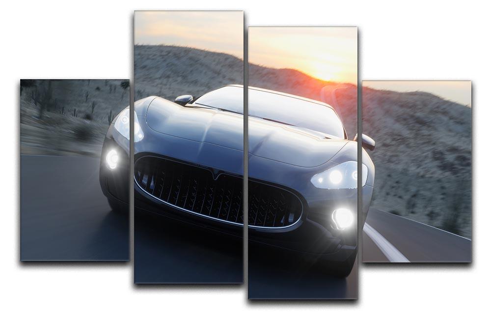 A striking black sport car displayed across four split canvas panels, creating a dynamic and modern art piece.