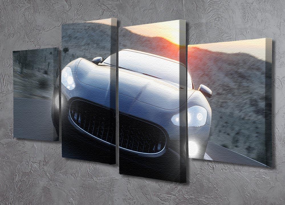A striking black sport car displayed across four split canvas panels, creating a dynamic and modern art piece.