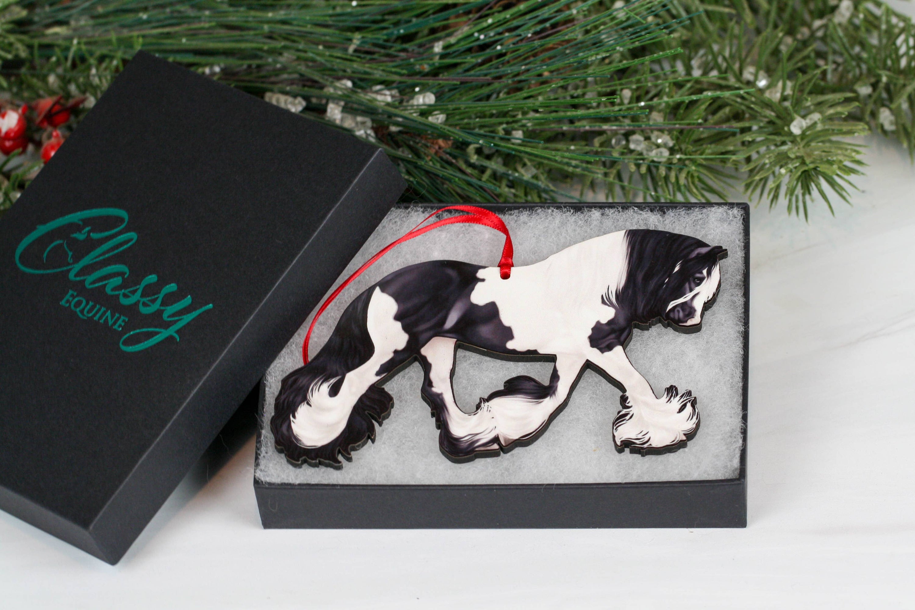 Black Tobiano Gypsy Cob Horse ornament made from composite wood, featuring a glossy front and dark brown back, perfect for holiday decorations.