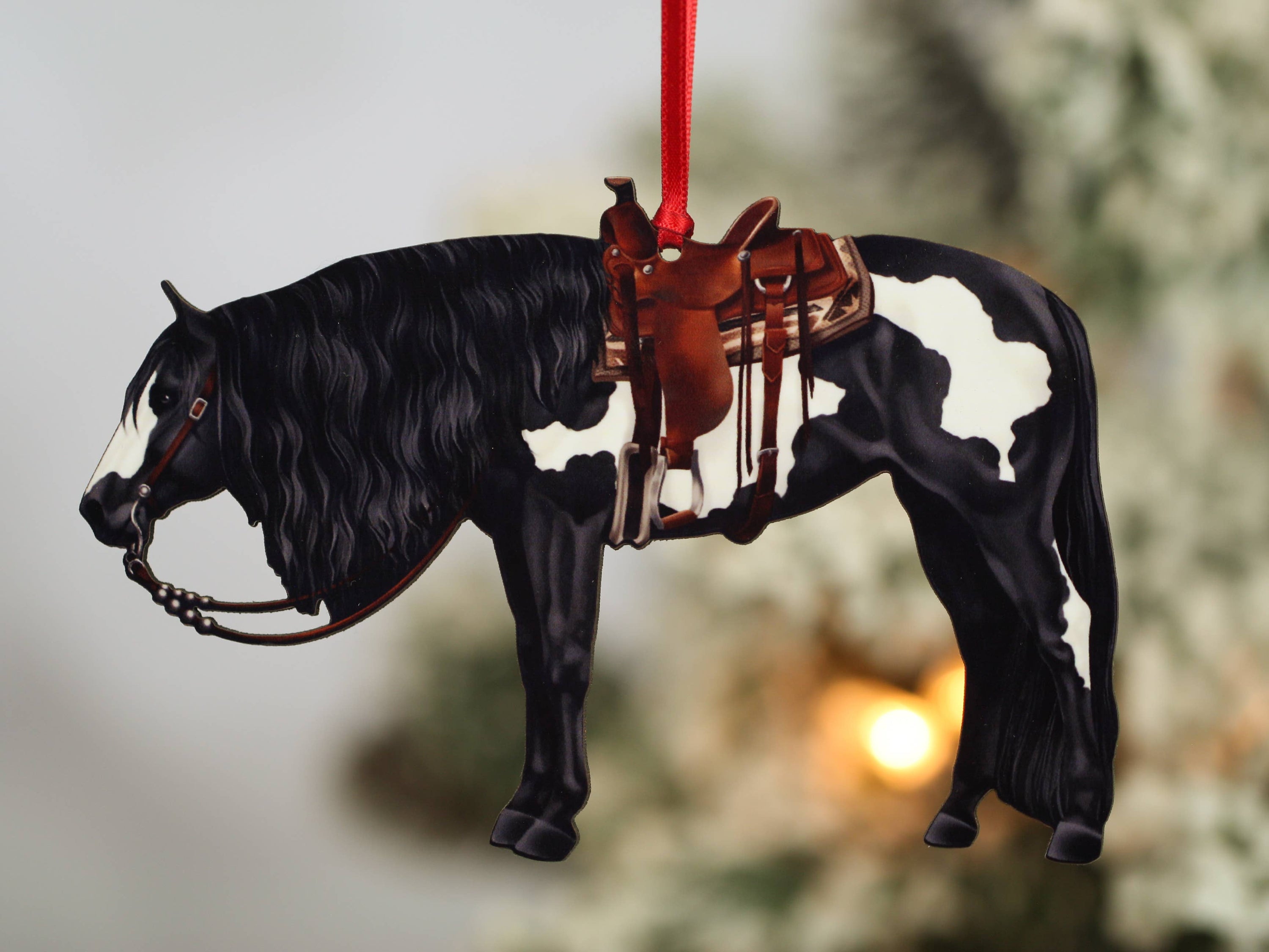 Black and white tobiano western Paint Horse ornament, handmade from composite wood, perfect for Christmas decor.