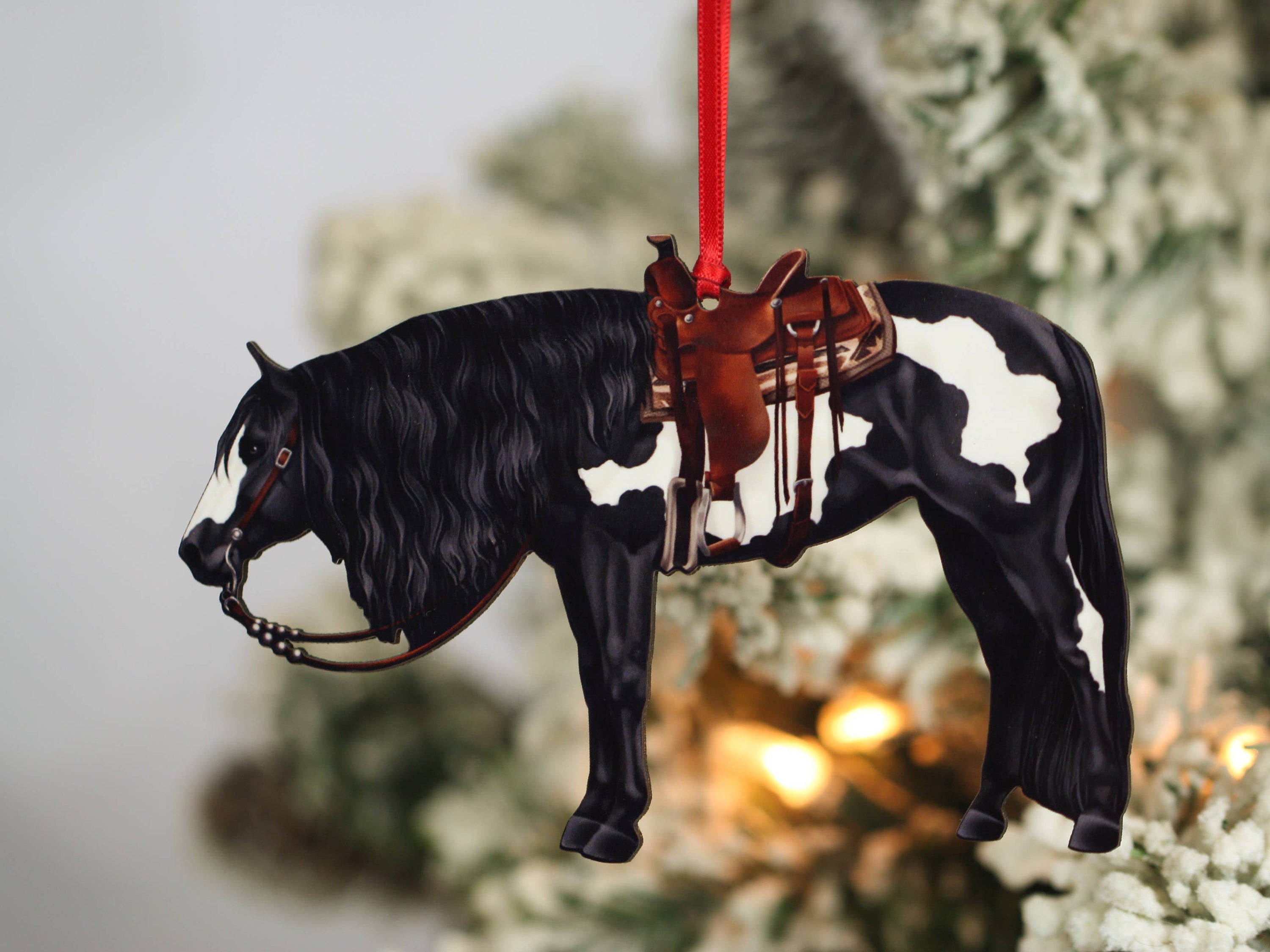 Black and white tobiano western Paint Horse ornament, handmade from composite wood, perfect for Christmas decor.