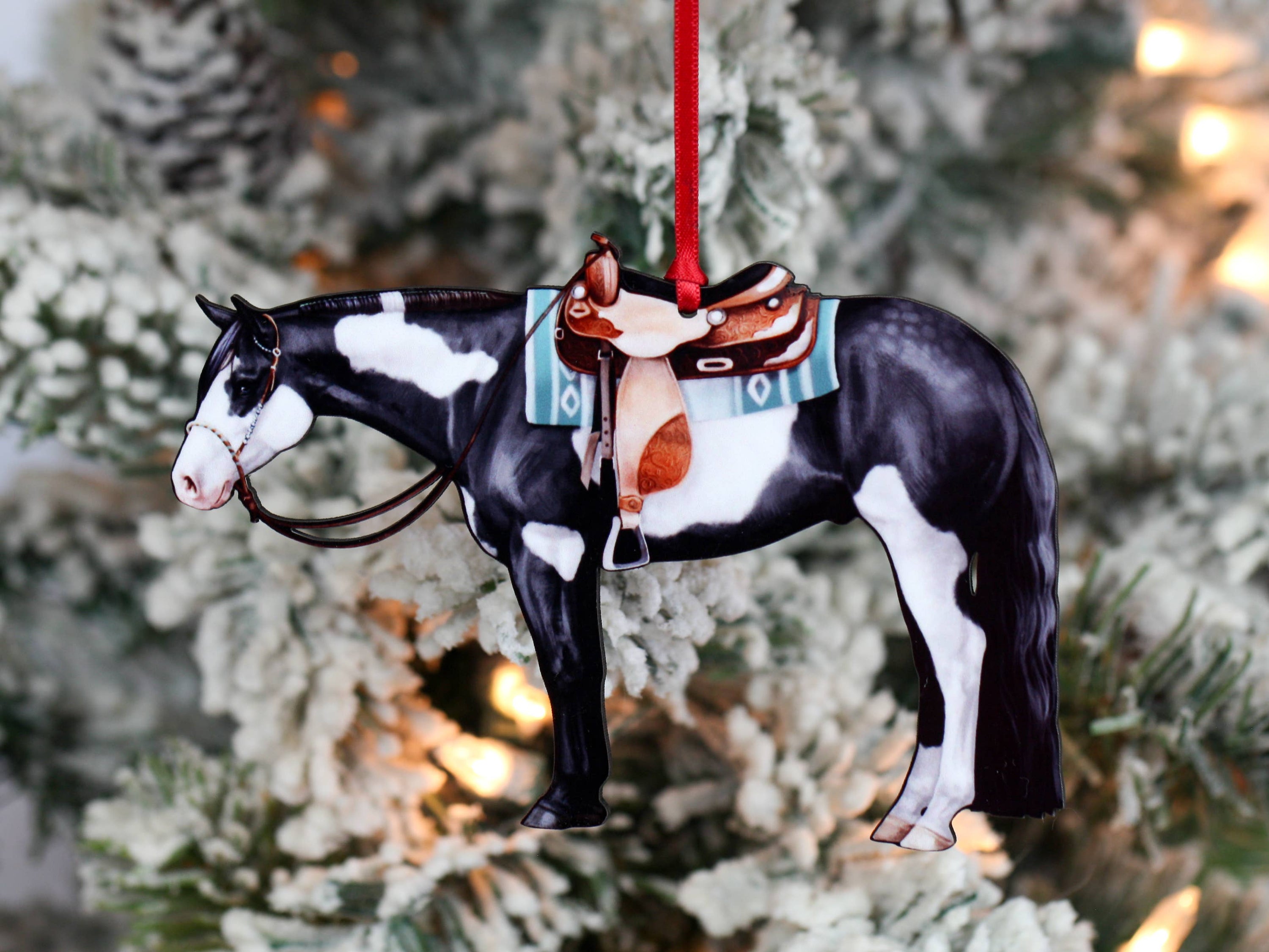 Black and white tobiano western pleasure Paint Horse ornament made from composite wood, featuring glossy front and dark brown back.