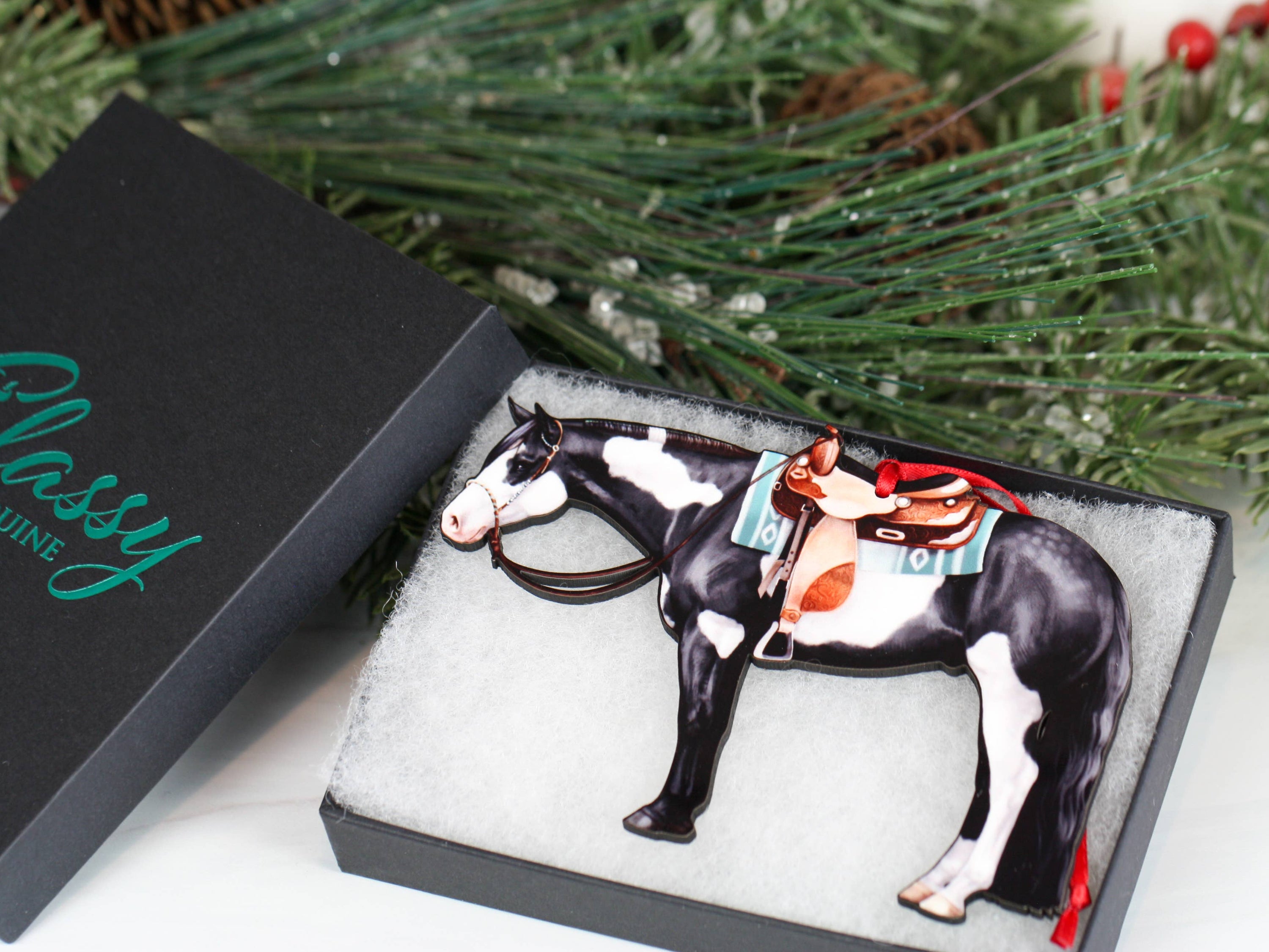 Black and white tobiano western pleasure Paint Horse ornament made from composite wood, featuring glossy front and dark brown back.