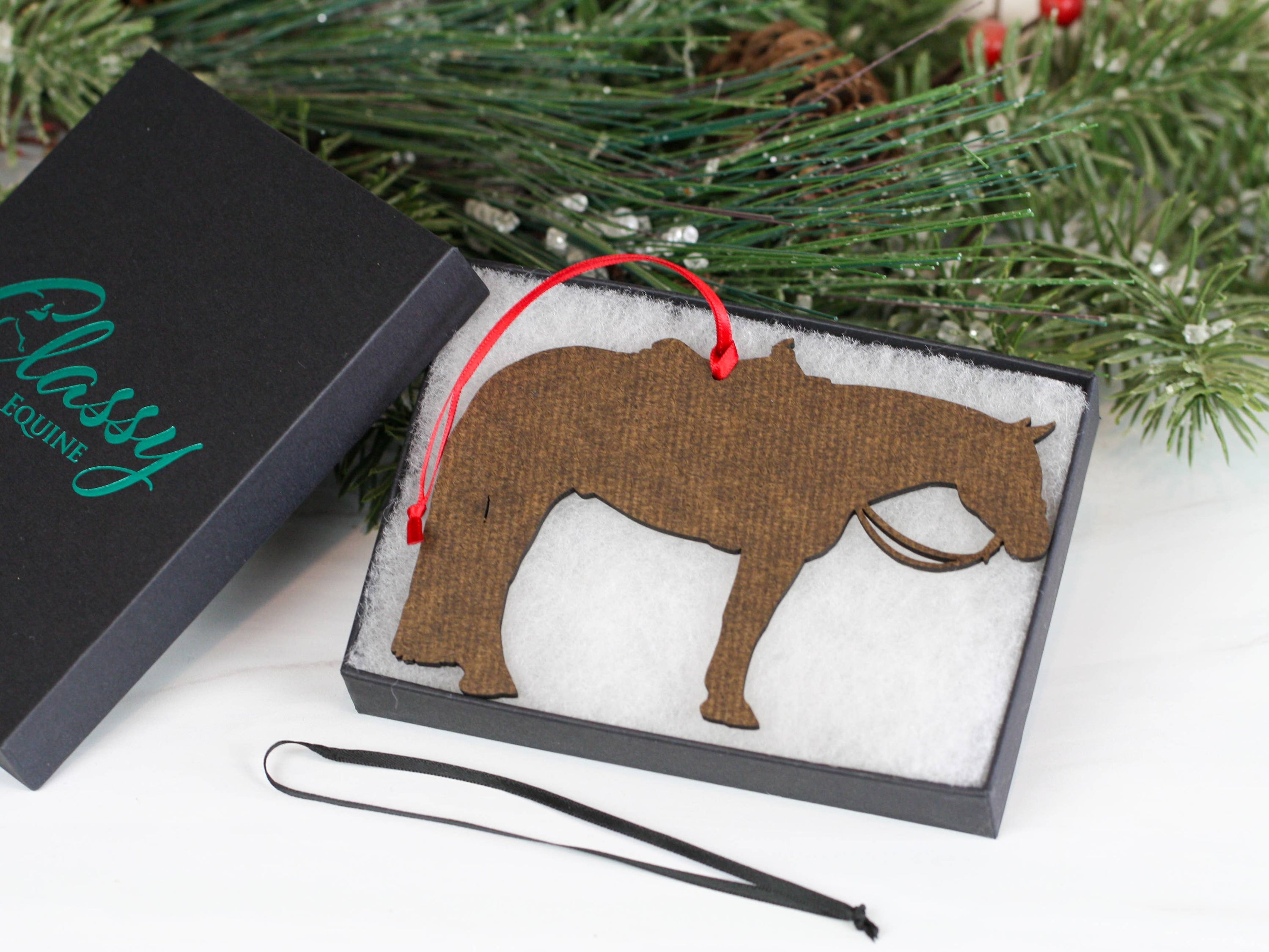 Black and white tobiano western pleasure Paint Horse ornament made from composite wood, featuring glossy front and dark brown back.