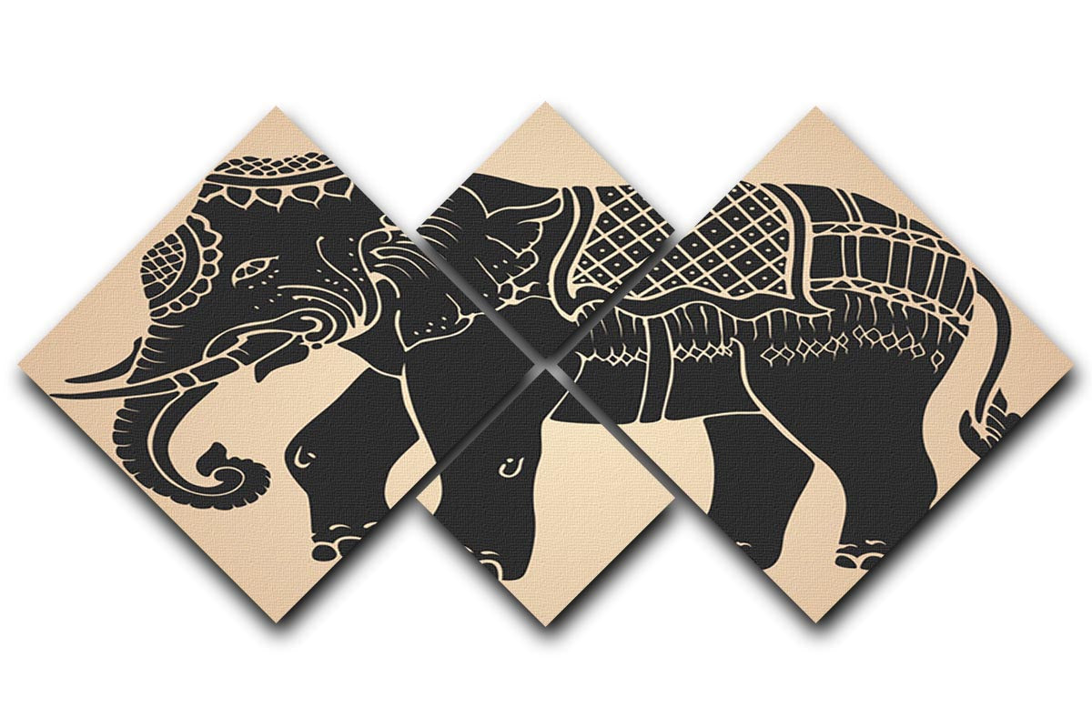 A striking multi-panel canvas artwork featuring a black war elephant, divided into four equal square sections, showcasing intricate details and vibrant colors.