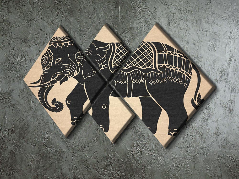 A striking multi-panel canvas artwork featuring a black war elephant, divided into four equal square sections, showcasing intricate details and vibrant colors.