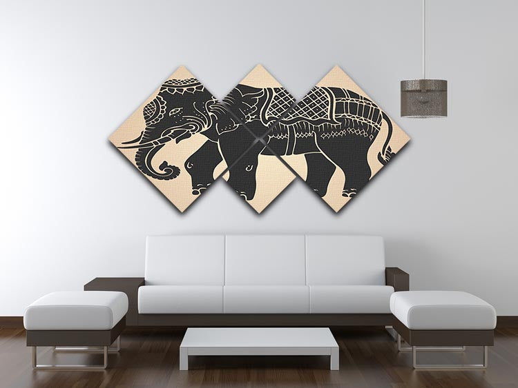 A striking multi-panel canvas artwork featuring a black war elephant, divided into four equal square sections, showcasing intricate details and vibrant colors.