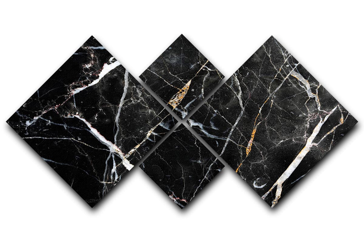 A stylish multi-panel canvas artwork featuring a cracked marble design in black, white, and gold, arranged in four equal square sections.