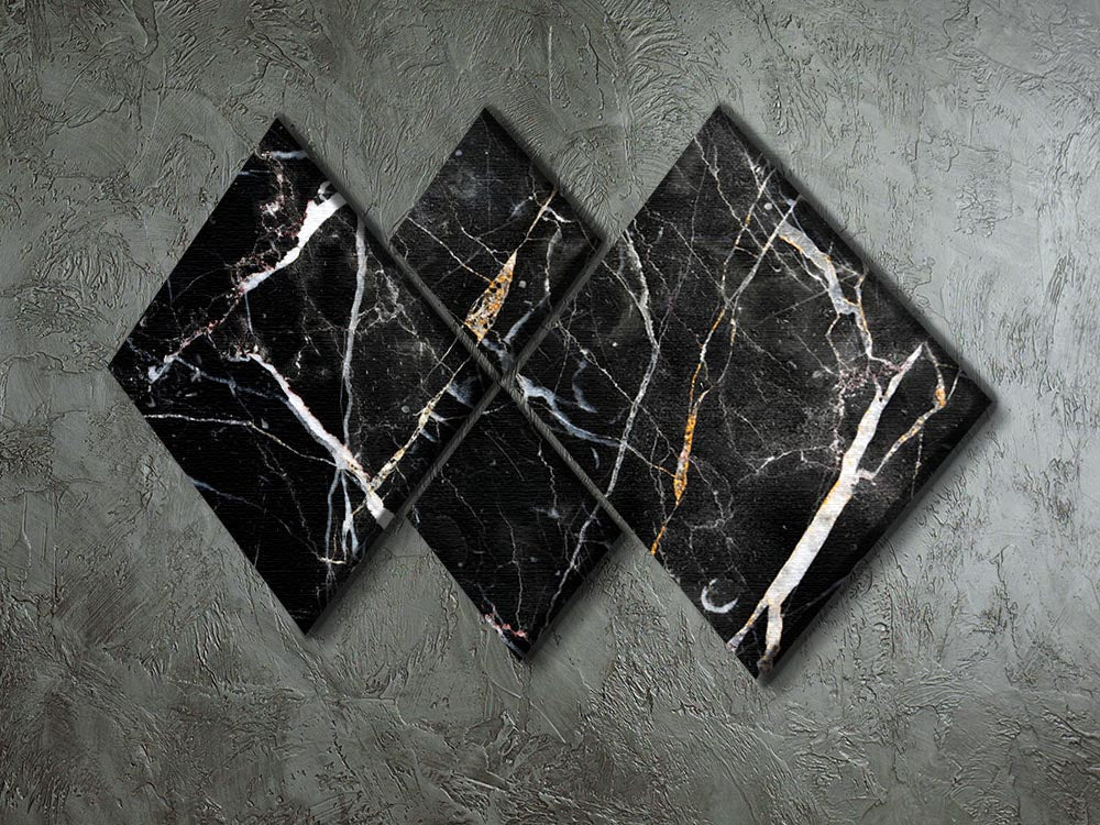 A stylish multi-panel canvas artwork featuring a cracked marble design in black, white, and gold, arranged in four equal square sections.