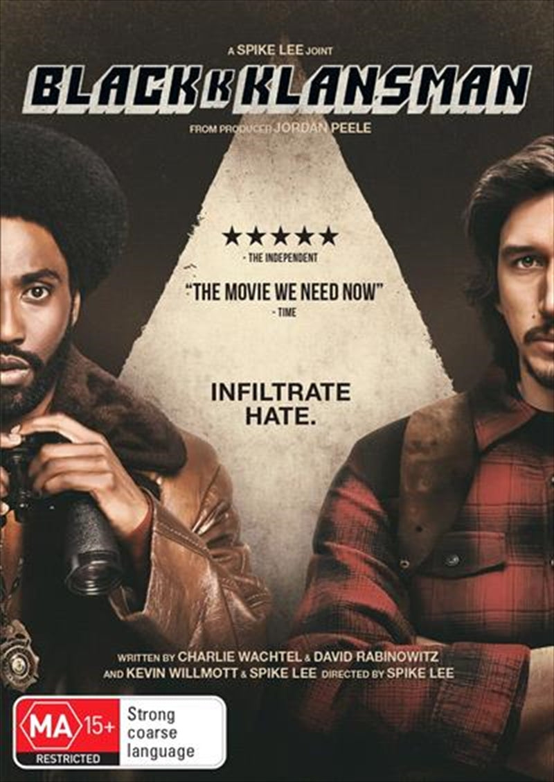 Blackkklansman DVD cover featuring Ron Stallworth and KKK imagery, showcasing the film's themes of racial tension and courage.