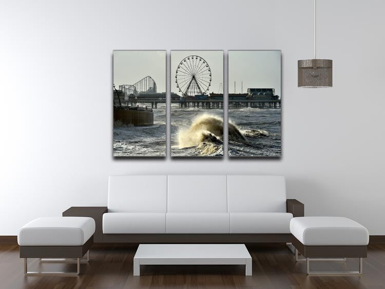 Three-panel canvas print depicting Blackpool after a storm, showcasing dramatic skies and serene landscapes.