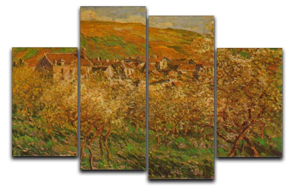 A beautiful 4-split canvas artwork featuring Monet's Blooming Apple Trees, showcasing vibrant blossoms and serene landscapes in four panels.