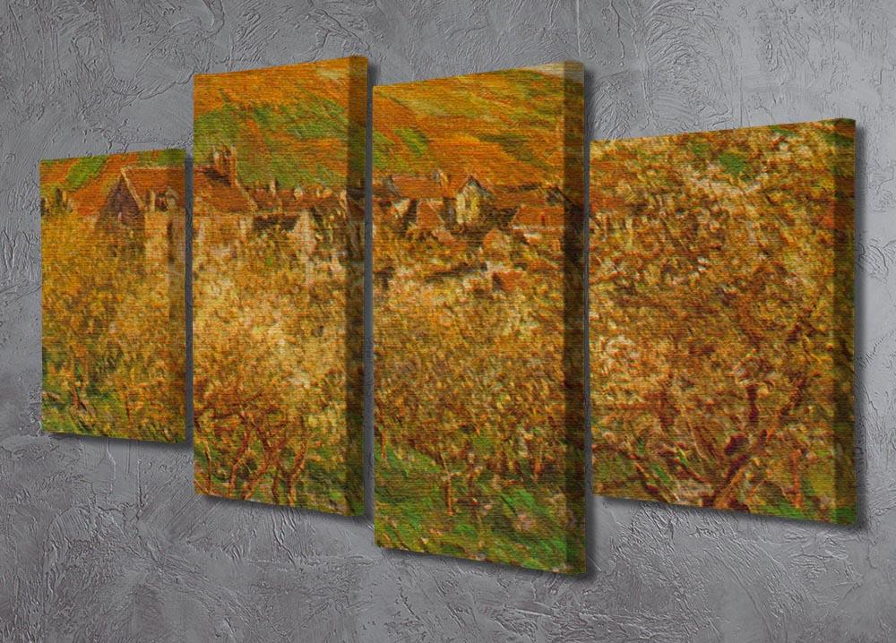 A beautiful 4-split canvas artwork featuring Monet's Blooming Apple Trees, showcasing vibrant blossoms and serene landscapes in four panels.
