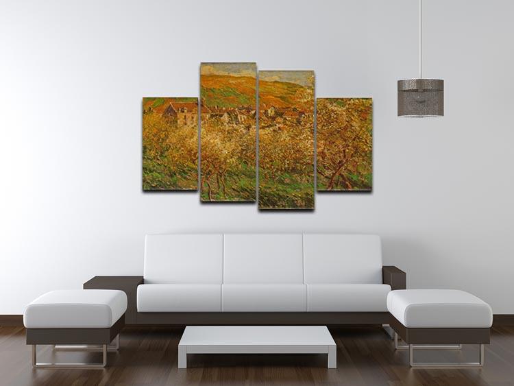 A beautiful 4-split canvas artwork featuring Monet's Blooming Apple Trees, showcasing vibrant blossoms and serene landscapes in four panels.
