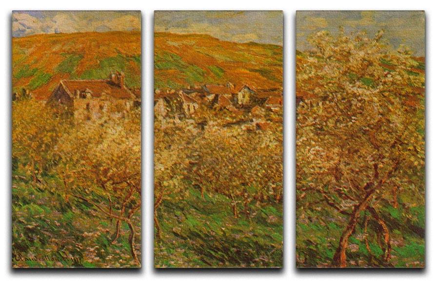 A beautiful split panel canvas print featuring Monet's Blooming Apple Trees, showcasing vibrant colors and intricate details across three panels.