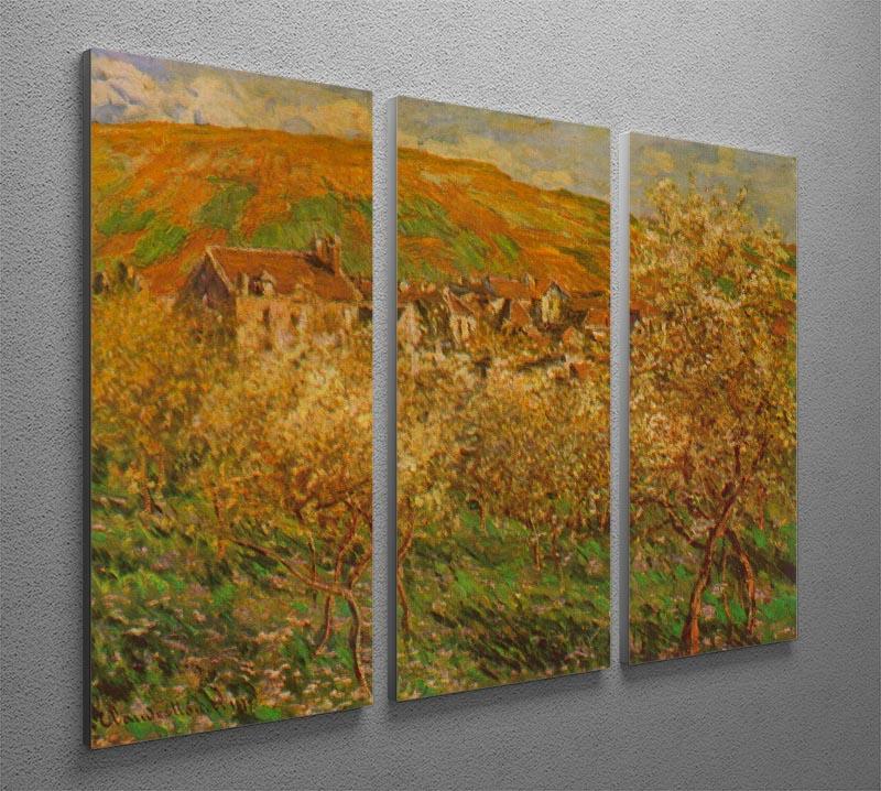 A beautiful split panel canvas print featuring Monet's Blooming Apple Trees, showcasing vibrant colors and intricate details across three panels.