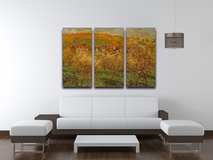 A beautiful split panel canvas print featuring Monet's Blooming Apple Trees, showcasing vibrant colors and intricate details across three panels.