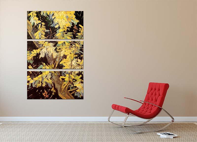 Three-panel canvas print of Van Gogh's Blossoming Acacia Branches, showcasing vibrant colors and intricate details.
