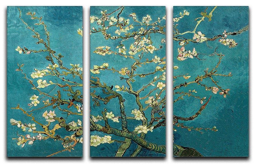 Three-panel canvas print of Van Gogh's Blossoming Almond Tree, showcasing vibrant blossoms and intricate details.