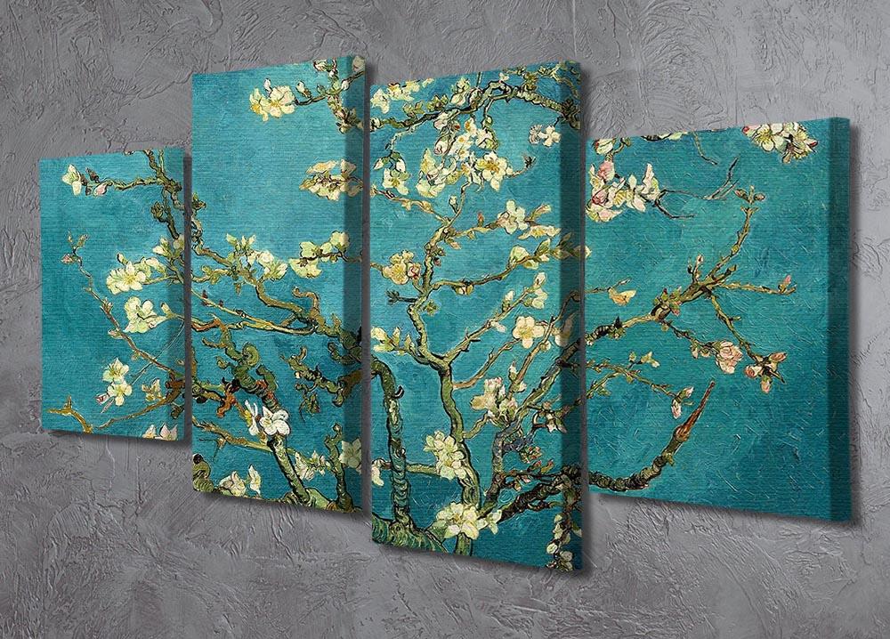 A 4-split canvas artwork featuring Van Gogh's Blossoming Almond Tree, showcasing vibrant almond blossoms against a blue background.