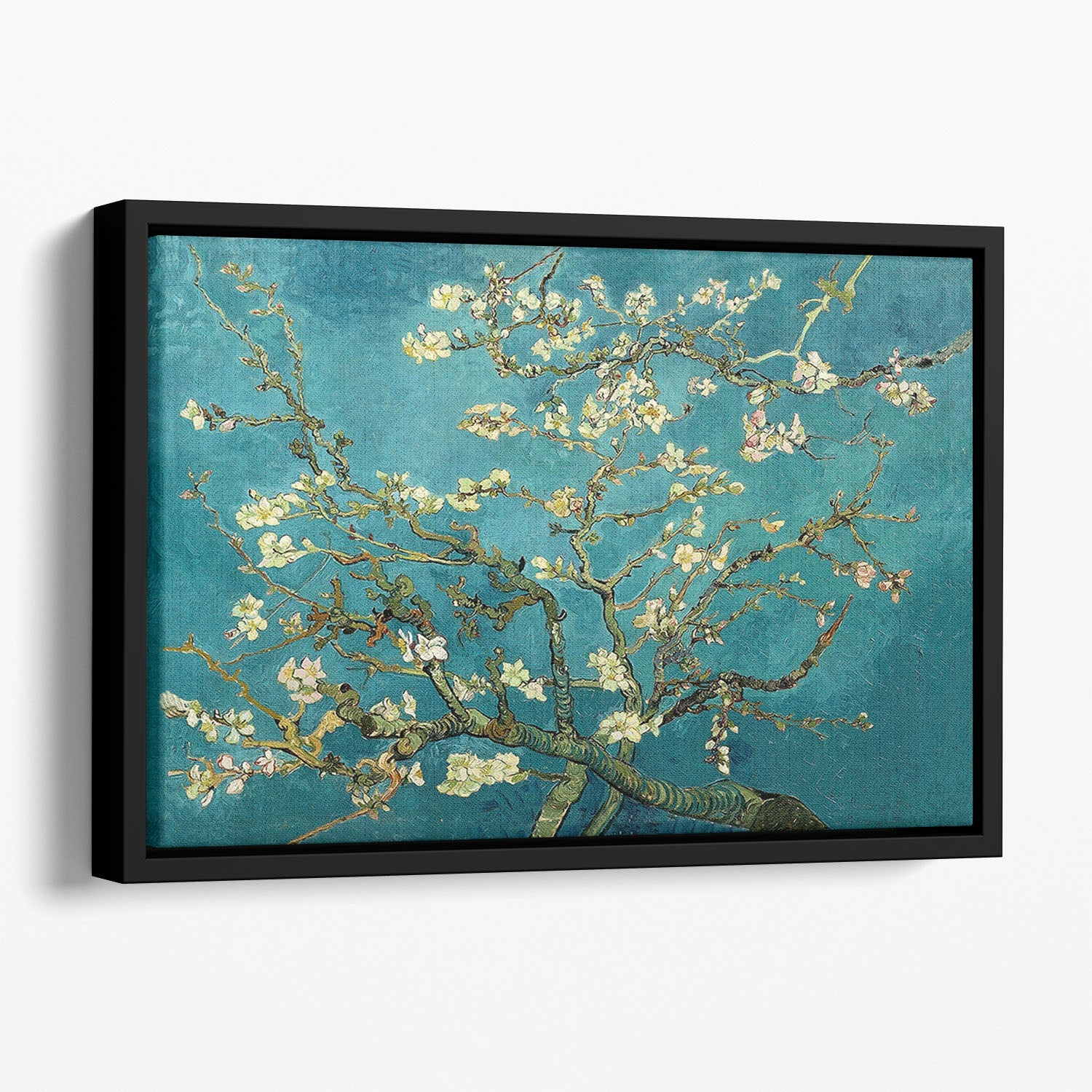 Floating framed canvas of Van Gogh's Blossoming Almond Tree, showcasing vibrant blossoms and elegant wooden frame.