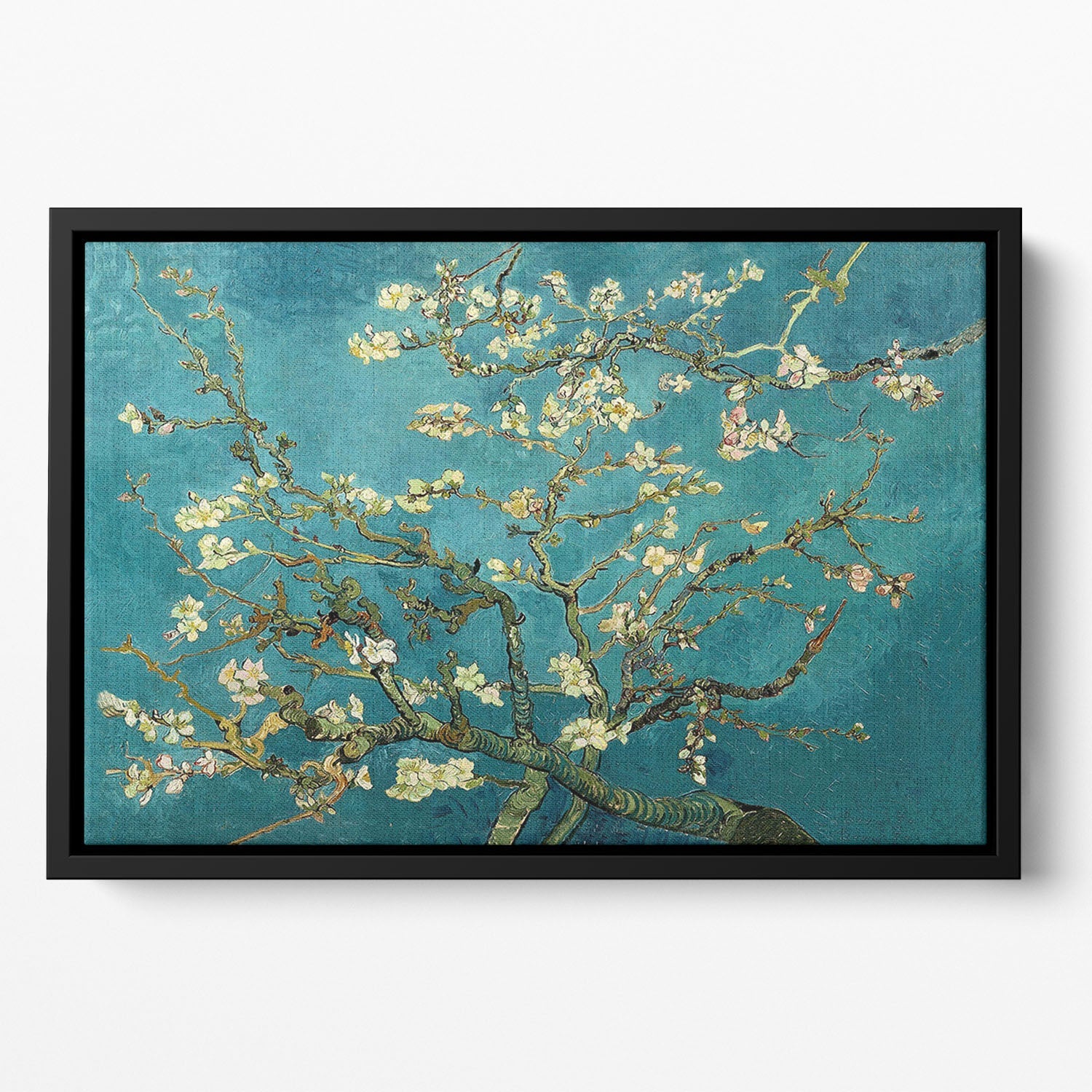 Floating framed canvas of Van Gogh's Blossoming Almond Tree, showcasing vibrant blossoms and elegant wooden frame.