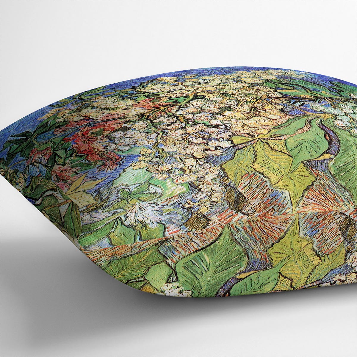 A vibrant cushion featuring Van Gogh's Blossoming Chestnut Branches design, made from luxurious vegan faux suede.