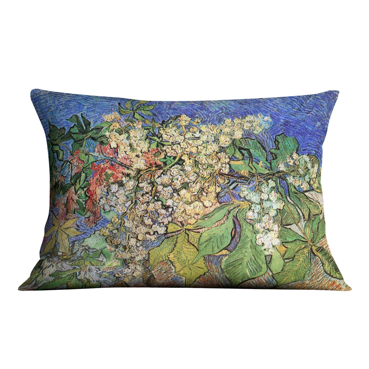 A vibrant cushion featuring Van Gogh's Blossoming Chestnut Branches design, made from luxurious vegan faux suede.