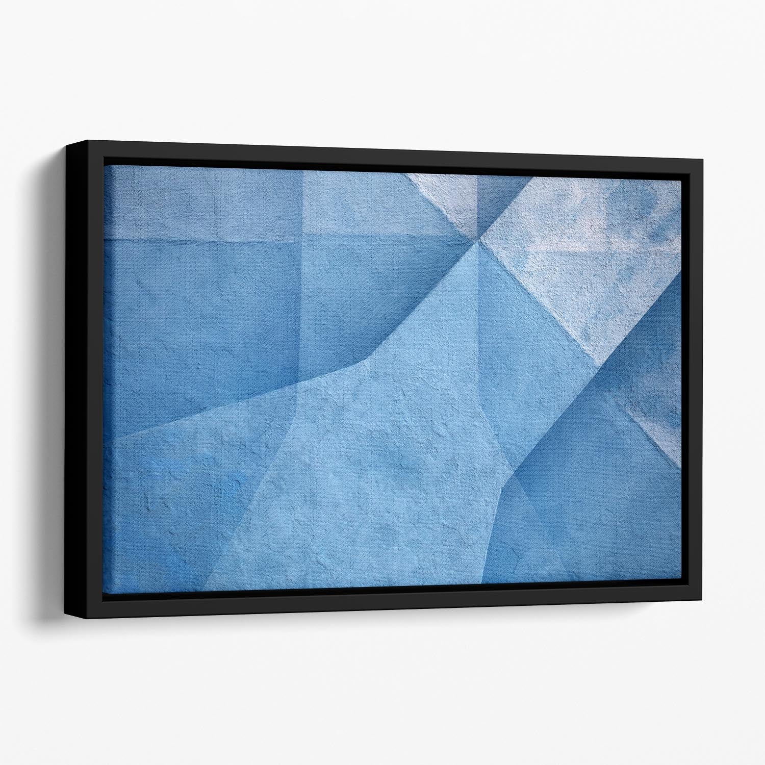 A vibrant blue abstract canvas art piece framed in an elegant floating wooden frame, showcasing modern design.
