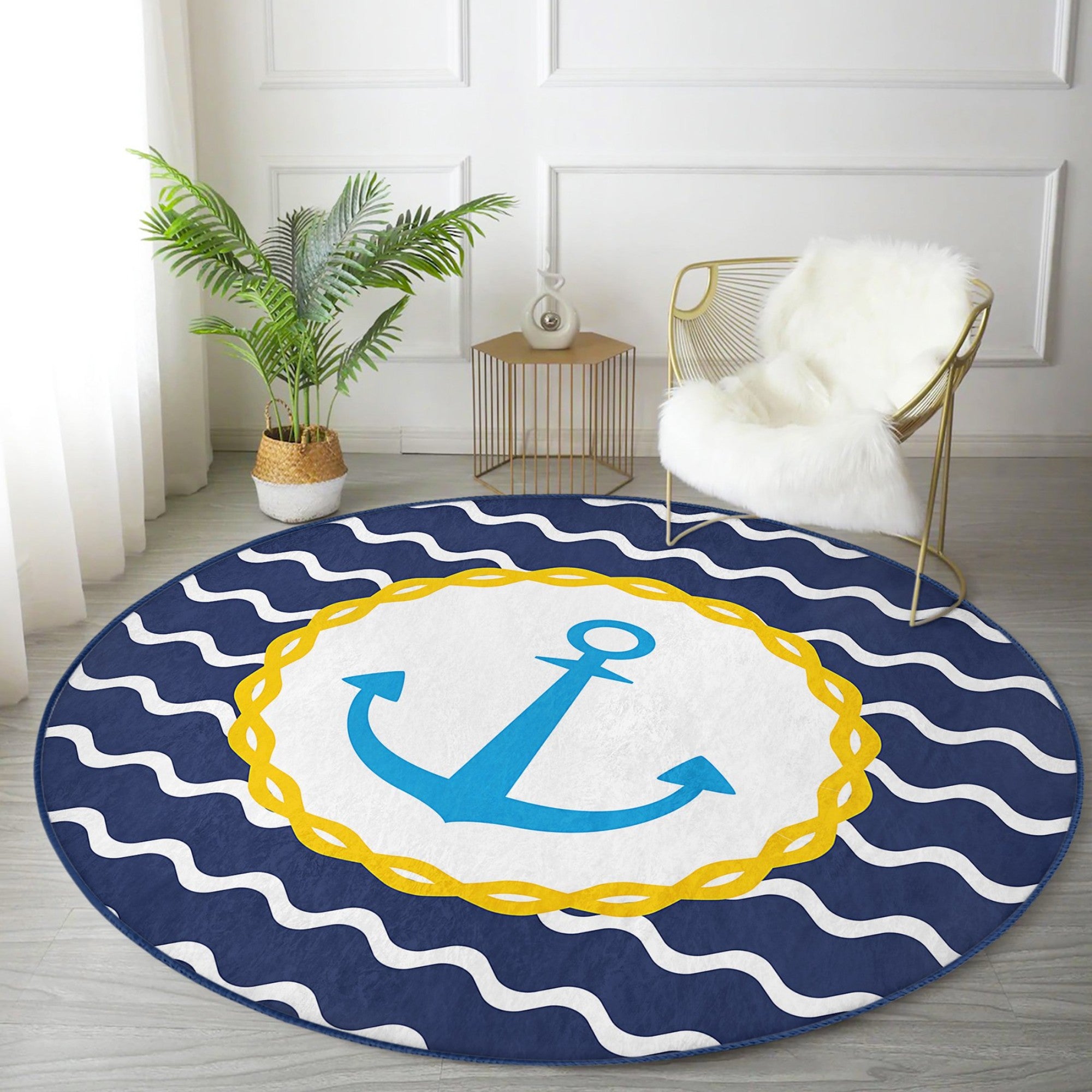 A round rug featuring a deep blue anchor pattern, perfect for marine-themed decor, showcasing its soft texture and vibrant colors.