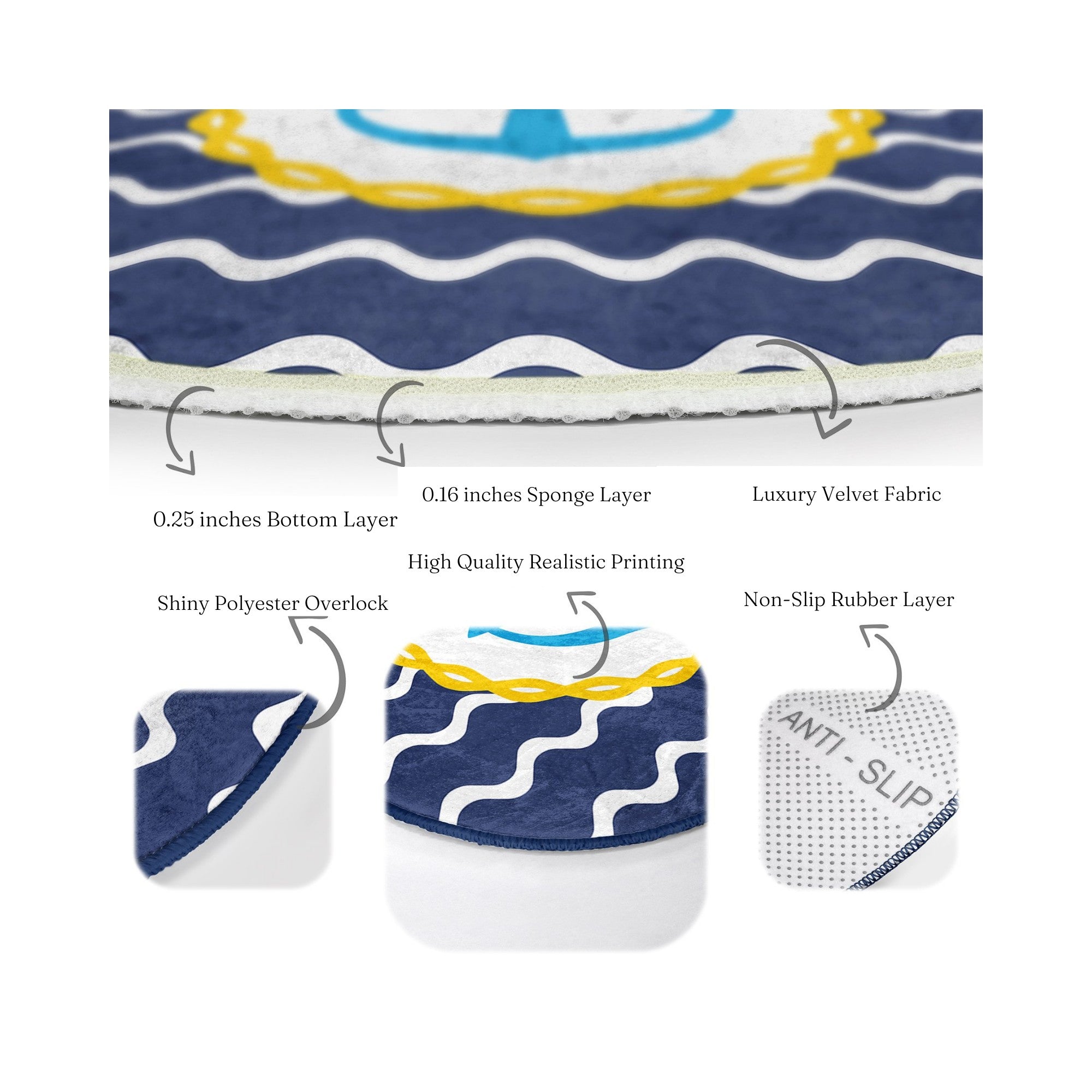A round rug featuring a deep blue anchor pattern, perfect for marine-themed decor, showcasing its soft texture and vibrant colors.