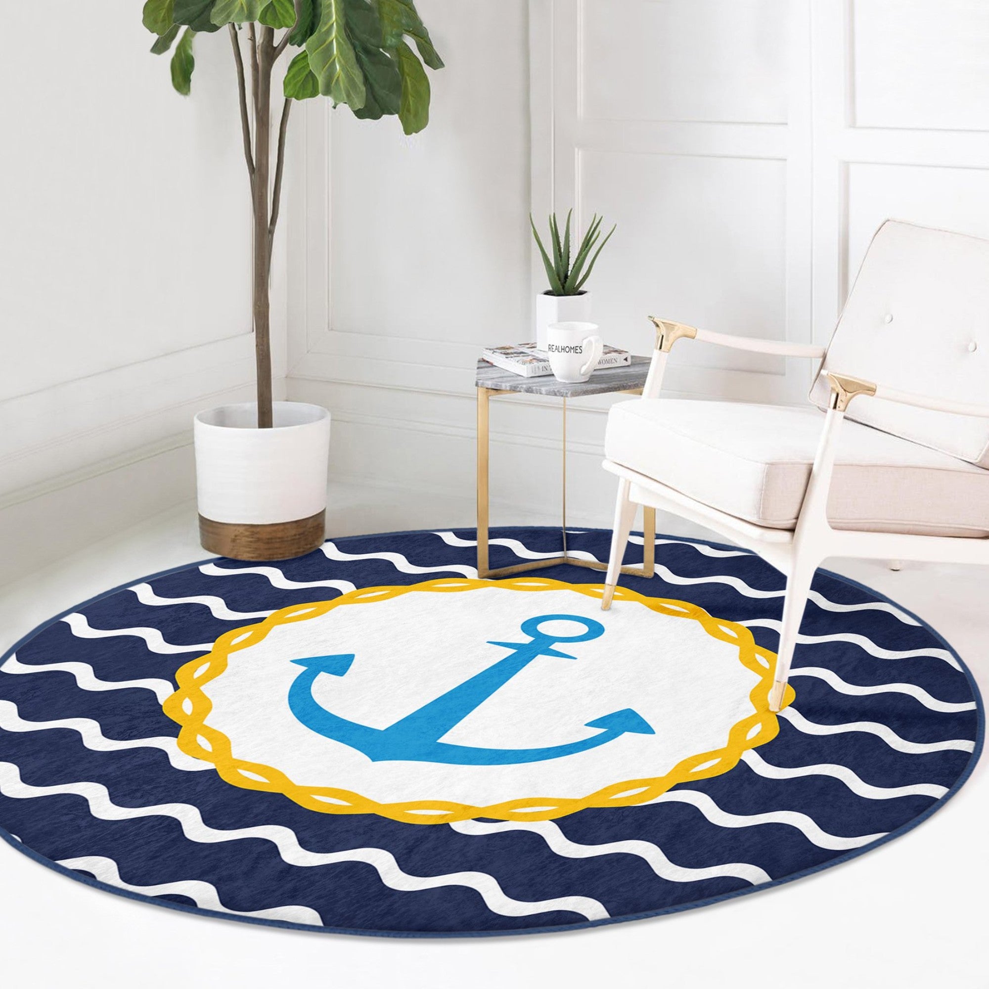 A round rug featuring a deep blue anchor pattern, perfect for marine-themed decor, showcasing its soft texture and vibrant colors.