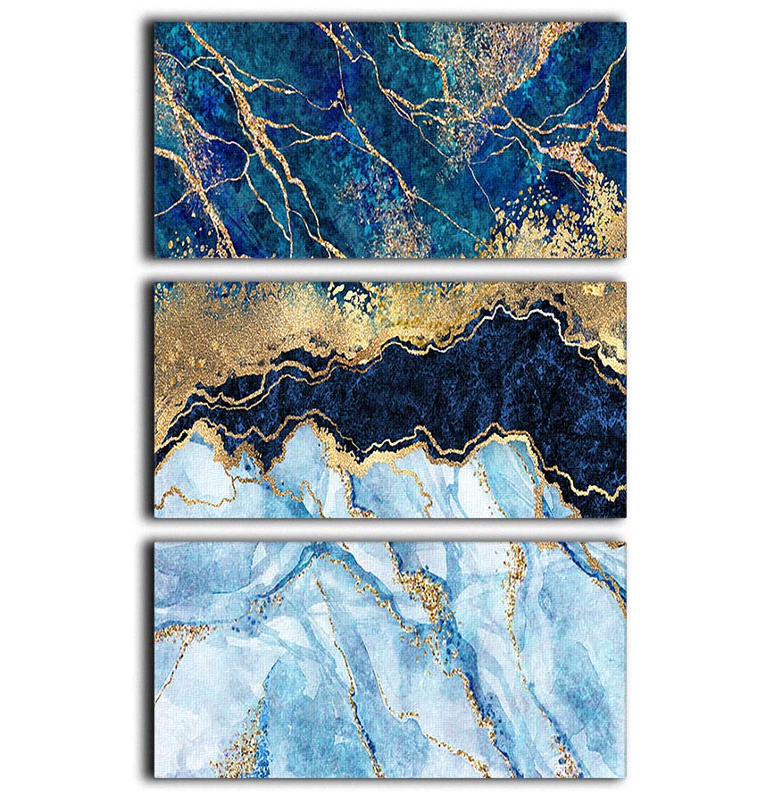 Blue and gold layered marble 3 split panel canvas print, showcasing elegant design and vibrant colors, perfect for home or office decor.