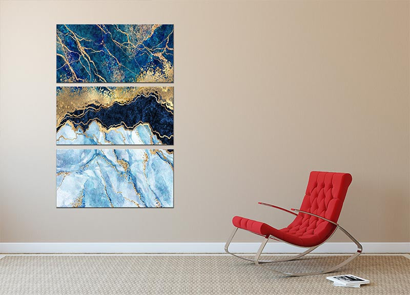 Blue and gold layered marble 3 split panel canvas print, showcasing elegant design and vibrant colors, perfect for home or office decor.
