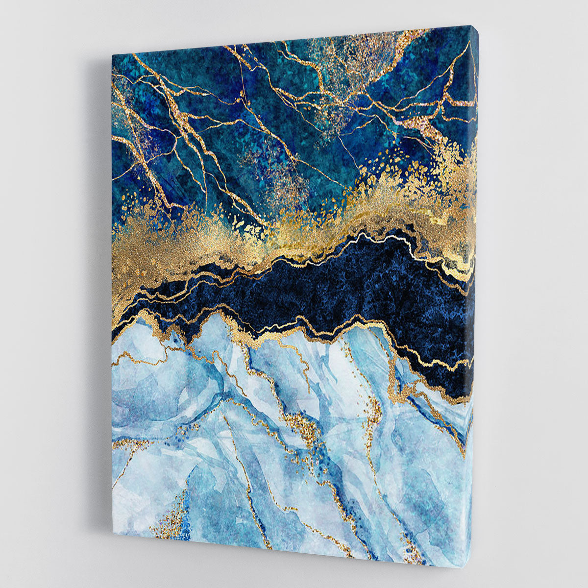 Blue and gold layered marble canvas print showcasing elegant abstract design, perfect for modern decor.
