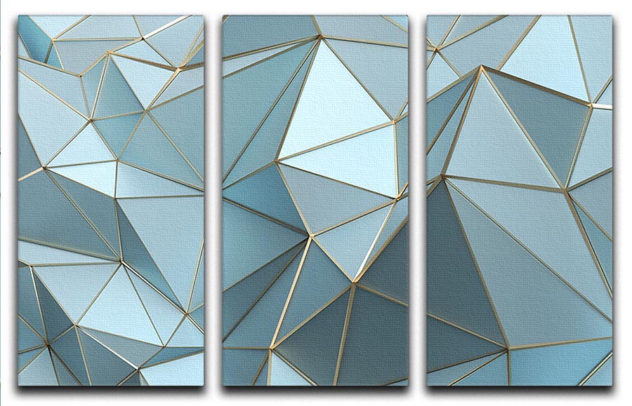 Blue and Gold Triangulated Surface 3 Split Panel Canvas Print showcasing elegant geometric patterns in blue and gold tones.