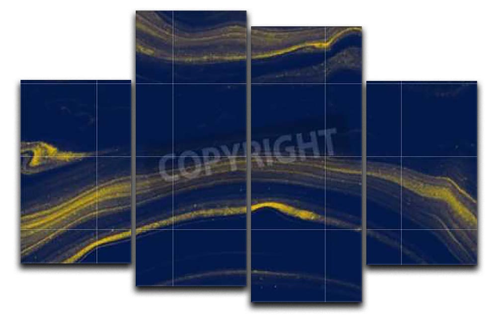 A stunning 4-split canvas artwork featuring blue and gold veined marble design, elegantly displayed in a modern setting.