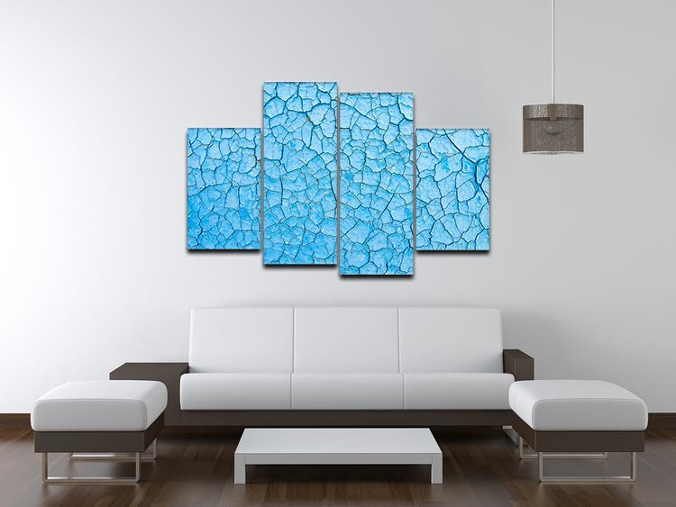 A vibrant blue cracked paint artwork divided into four panels, creating a dynamic and modern display for home decor.