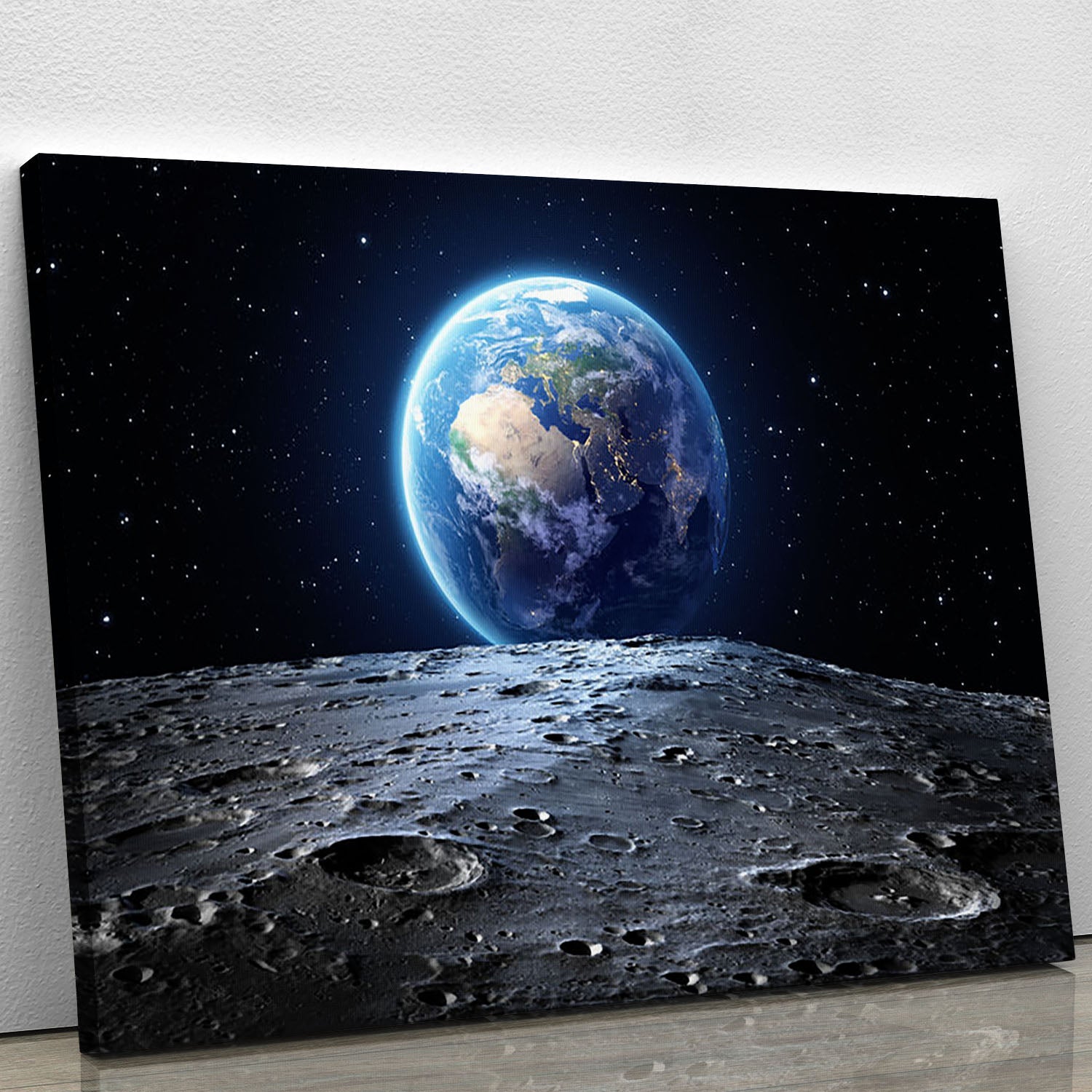 Canvas print of Blue Earth seen from the moon surface, showcasing vibrant colors and stunning details.